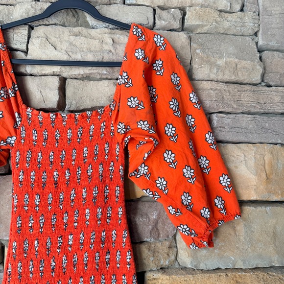 Rhode S Harper Resort Red Floral Smocked Square Neck Puff SleevesMidi Dress - Picture 8 of 13